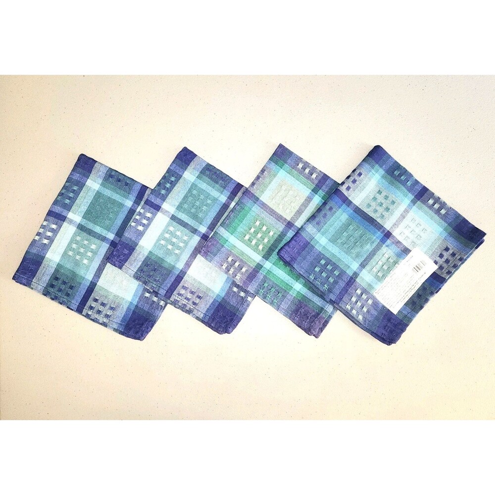 Cottage Coastal VTG NWOT PFALTZHRAFF Set Of 4 Napkins Blue Green Geo Plaid #03